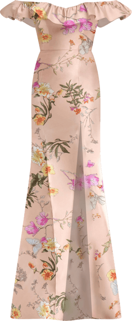 Women's Off-the-Shoulder Ruffle Neck Floral Satin Trumpet Gown