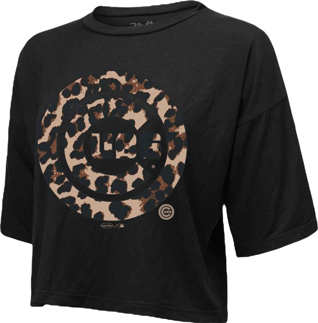 Women's  Threads Black Chicago Cubs Leopard Cropped T-shirt