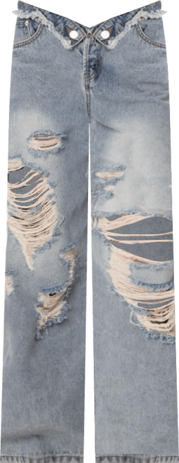 Women's Foldover Waist Jeans With Row Hem And Distressed Details