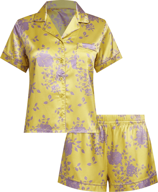 Women's Satin Print 2 Piece Notched Short Sleeve and Shorts Pajama Set