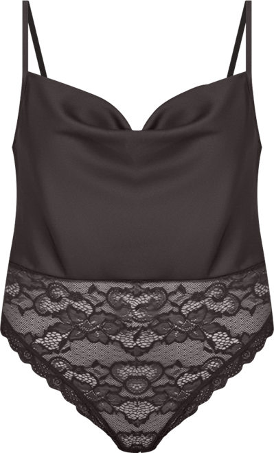 Women's 1 Piece Lace and Satin Cowl Neck Lingerie Bodysuit