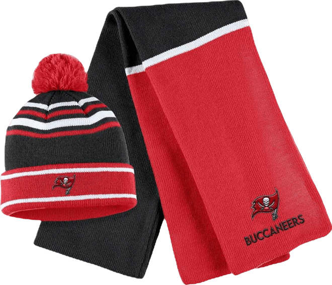 Women's  Red Tampa Bay Buccaneers Colorblock Cuffed Knit Hat with Pom and Scarf Set