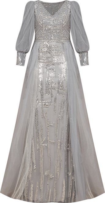 Women's Long Sleeve Lace Gown with Removable Over Skirt