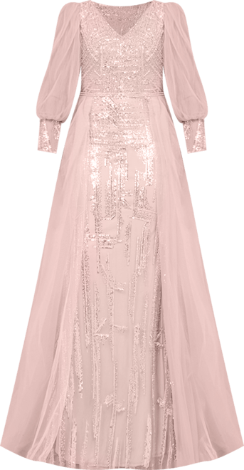 Women's Long Sleeve Lace Gown with Removable Over Skirt