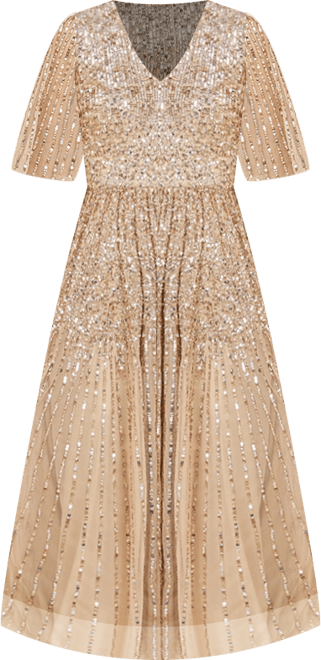 Women's Flowing, Sequin Midi Dress with Short Sleeves