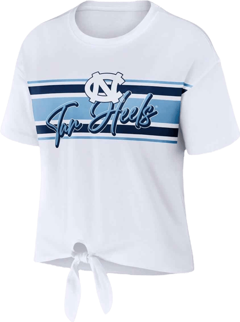 Women's  White North Carolina Tar Heels Striped Front Knot Cropped T-shirt