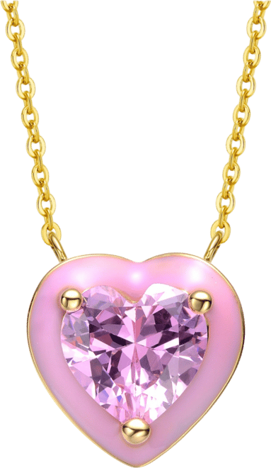 14k Gold Plated with Pink Cubic Zirconia Stone Pink Enamel Heart Dainty Pendant
