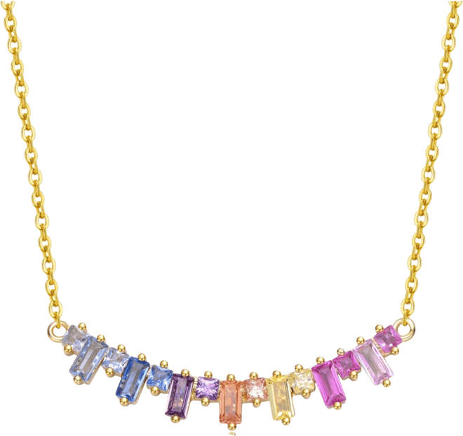14k Gold Plated with Rainbow Cubic Zirconia Linear Cluster Fringe Pendant Necklace