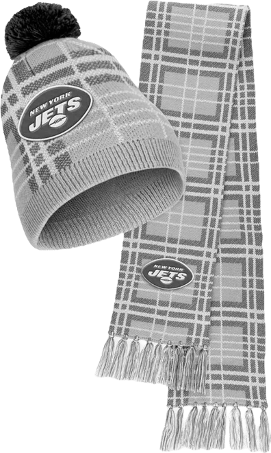 Women's  New York Jets Plaid Knit Hat with Pom and Scarf Set