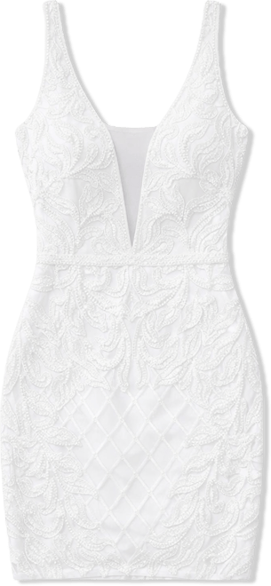 Women's Illusion V-Neck Beaded Mini Dress with Low Back