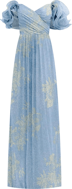 Women's Dramatic Ruffle Edge Convertible Strap Metallic Pleated Maxi Dress with Floral Gold Foil Print