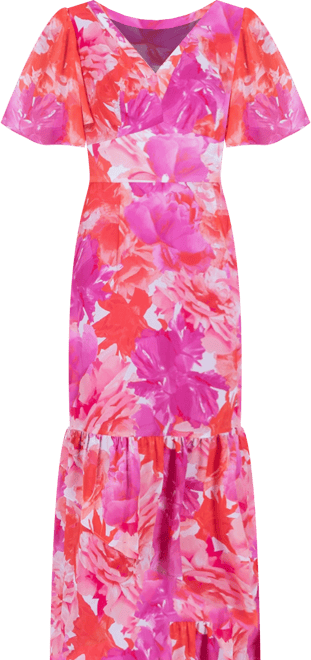 Women's Printed Flutter-Sleeve High-Low Maxi Dress