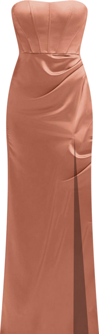 Women's Strapless Topstitched Corset Satin Maxi Dress with Draped Column Skirt