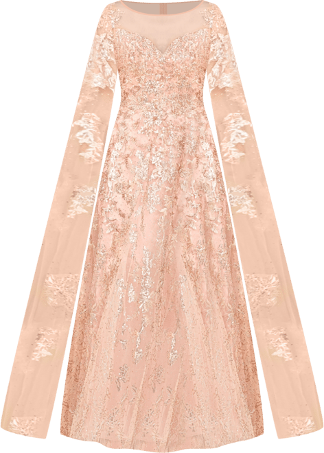 Women's Long Bell Sleeve Boat-Neck Beaded Gown