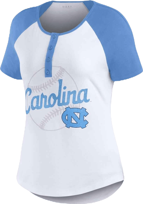 Women's  White Distressed North Carolina Tar Heels Baseball Logo Raglan Henley T-shirt