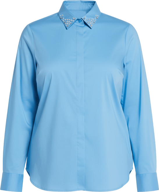 Plus Size Ruched Sleeve Embellished Collar Blouse