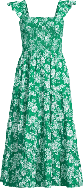 lands' end women's cotton dobby smocked dress with ruffle straps Navy Cotton-Linen Dress | Comfy, Flattering, and Shapely main image 1