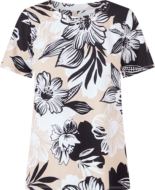 Women's Pleated Neck Bold Floral Short Sleeve Tee