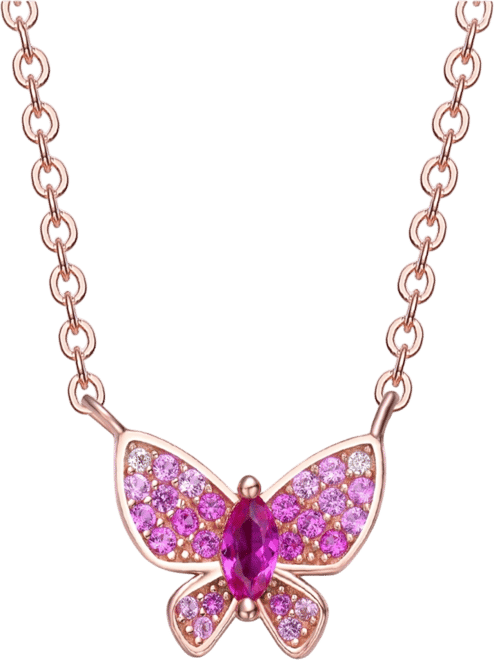 Sterling Silver 18k Rose Gold Plated with Red and cubic Zirconia Pave Small Butterfly Pendant Layering Necklace