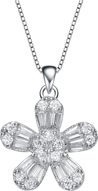 Sterling Silver with Gold Plated Multi Color Baguette Cubic Zirconia Flower Style Pendant Necklace