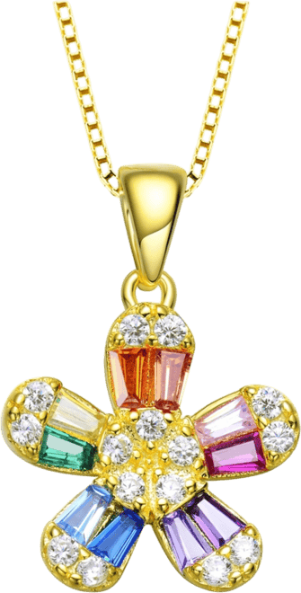 Sterling Silver with Gold Plated Multi Color Baguette Cubic Zirconia Flower Style Pendant Necklace