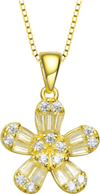 Sterling Silver with Gold Plated Multi Color Baguette Cubic Zirconia Flower Style Pendant Necklace