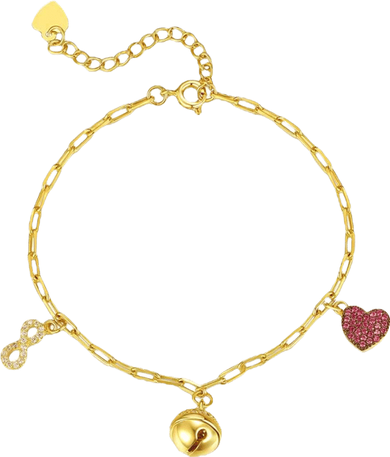 14k Yellow Gold Plated with Red & Cubic Zirconia Heart, Cowbell, and Infinity Dangle Charm Bracelet