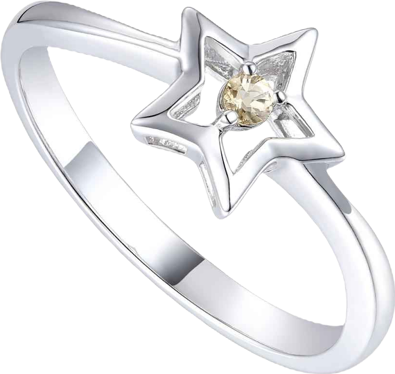 Sterling Silver White Gold Plated with Yellow Tourmaline Cz Star Ring