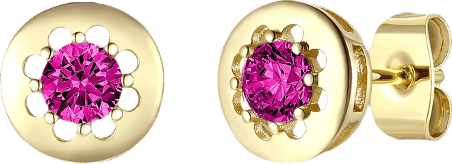 14k Gold Plated with Red Cubic Zirconia Round Solitaire Bezel Stud Earrings