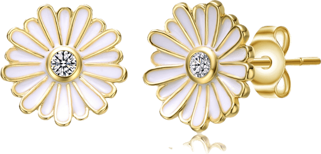 Teens 14k Yellow Gold Plated with Cubic Zirconia White Enamel Blooming Daisy Flower Stud Earrings