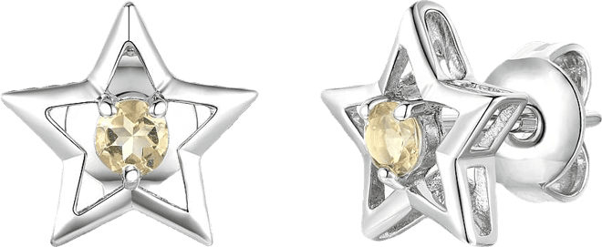 Sterling Silver White Gold Plated with Yellow Tourmaline Cz Star Shaped Stud Earrings