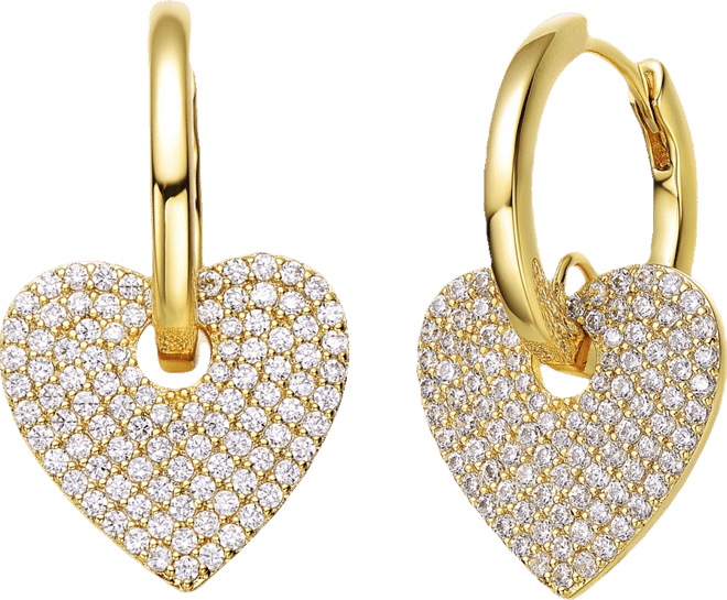 14k Gold Plated with Cubic Zirconia Heart Dangle Hoop Drop Earrings