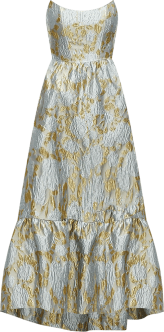 Women's Strapless Cat-Eye Boned Bodice Brocade High-Low Dress