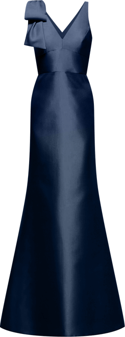 Women's Deep V-back Satin Trumpet Dress with Cascading Bow at One Shoulder