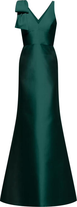 Women's Deep V-back Satin Trumpet Dress with Cascading Bow at One Shoulder