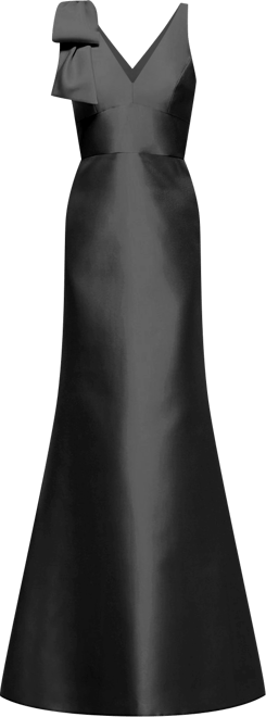 Women's Deep V-back Satin Trumpet Dress with Cascading Bow at One Shoulder