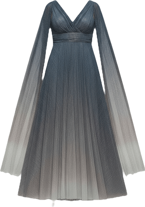 Women's Streamer Sleeve Ombre Pleated Metallic Maxi Dress