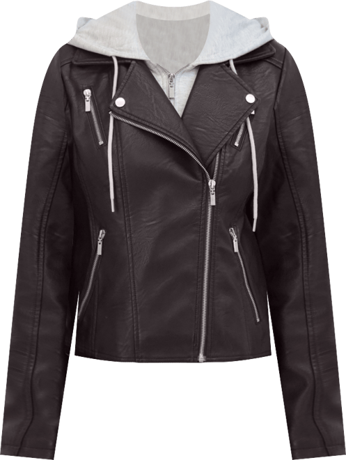 Women's Faux Leather Biker Jacket With Removeable Hood Bib
