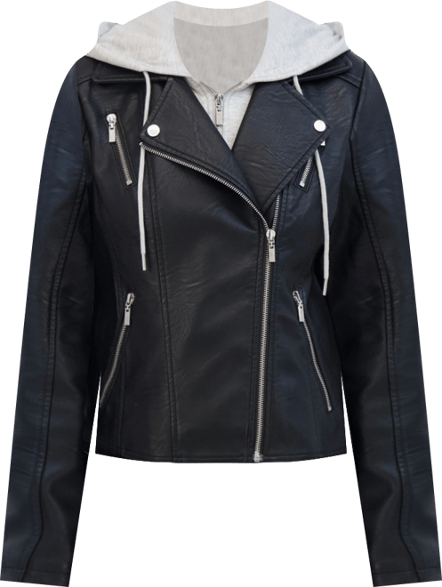 Women's Faux Leather Biker Jacket With Removeable Hood Bib