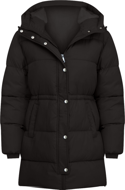 Women's 3/4 Cozy Lined Hooded Puffer Coat With Drawstring Waist