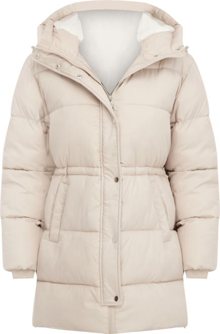 Women's 3/4 Cozy Lined Hooded Puffer Coat With Drawstring Waist