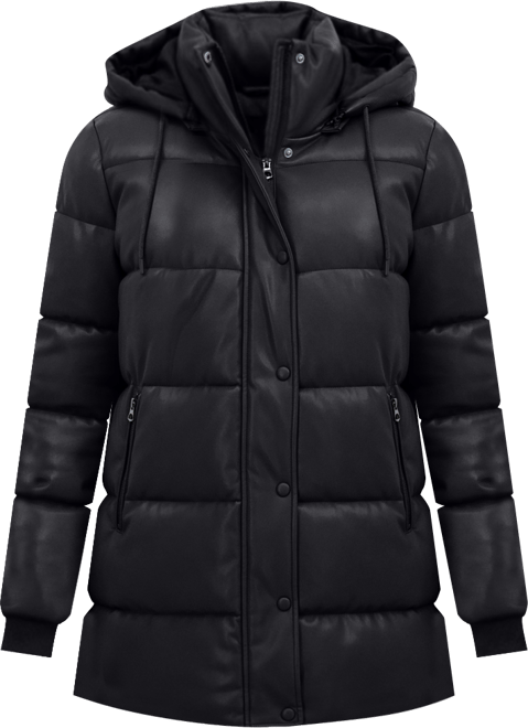 Women's Faux Leather 3/4 Puffer Jacket With Hood