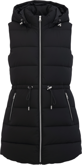 Women's 3/4 Hooded Stretch Puffer Vest With Drawstring Waist