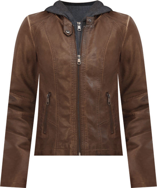 Women's Zip Front Faux Leather Jacket With Removeable Hood Bib