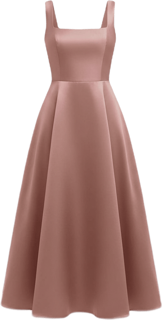 Square Neck Satin Midi Dress with Full Skirt & Pockets