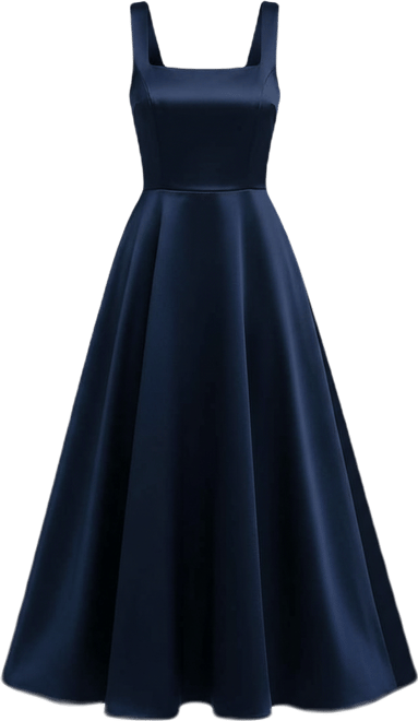 Square Neck Satin Midi Dress with Full Skirt & Pockets