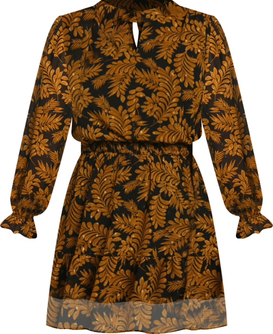 Plus Size Metallic Leaves Print Long Sleeve Dress