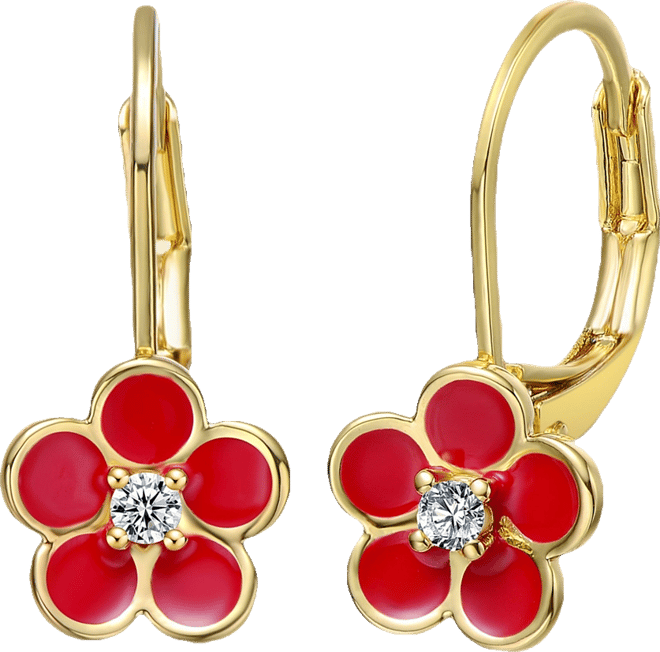 14k Yellow Gold Plated with Red Enamel and Cubic Zirconia Flower Dangle Earrings