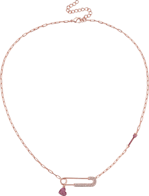 18K Rose Plated with Red & Cubic Zirconia Heart Charm Dangle Paperclip Adjustable Length Necklace