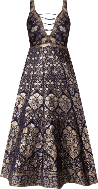 Women's Blue and Gold Brocade Gown